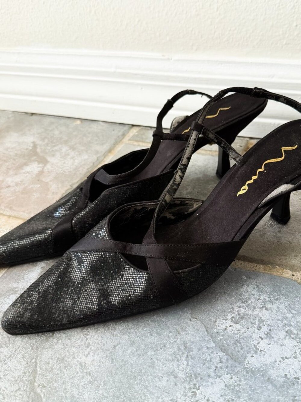 Nina Black Strappy Slingback Heels Pointed Toe Kitten Heel Women 8.5